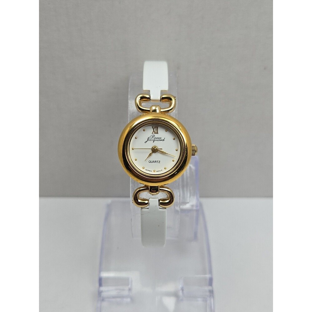 Pierre Jacquard Womens Gold Tone White Bangle Cuff Oval Quartz Watch New Battery